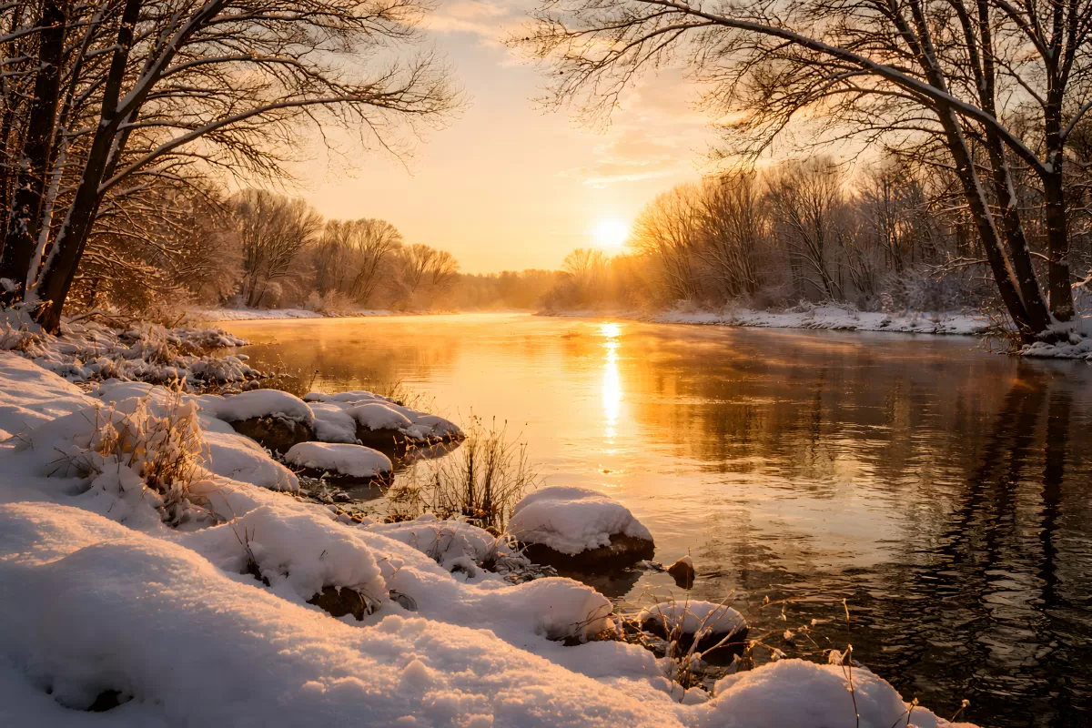 Goldener Sonnenuntergang über verschneitem Winterfluss