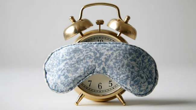 Goldener Wecker mit Schlafmaske auf Holzuntergrund