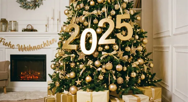 Goldener Weihnachtsbaum mit 2025 und Geschenken