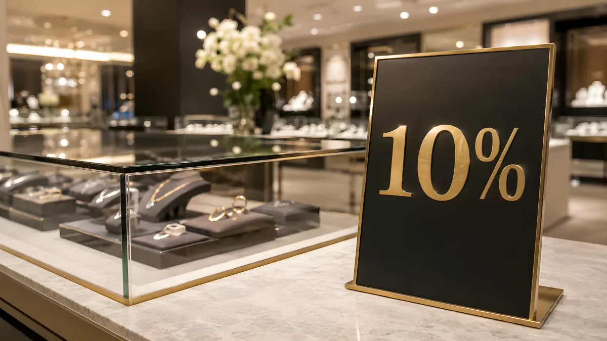 Goldenes 10-Prozent-Schild in elegantem Juweliergeschäft
