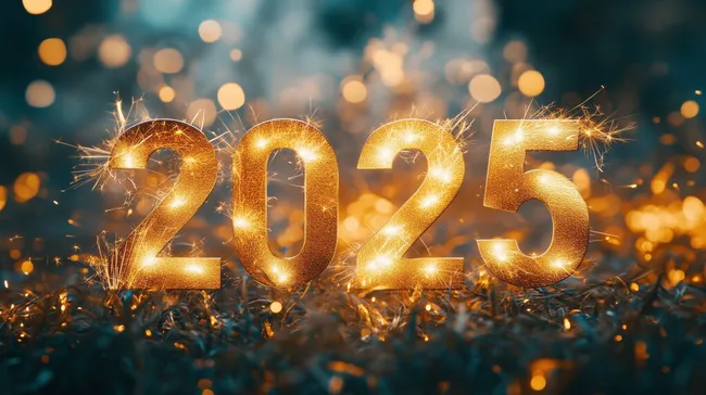 Goldenes 2025-Neujahrsmotiv mit funkelnden Funken
