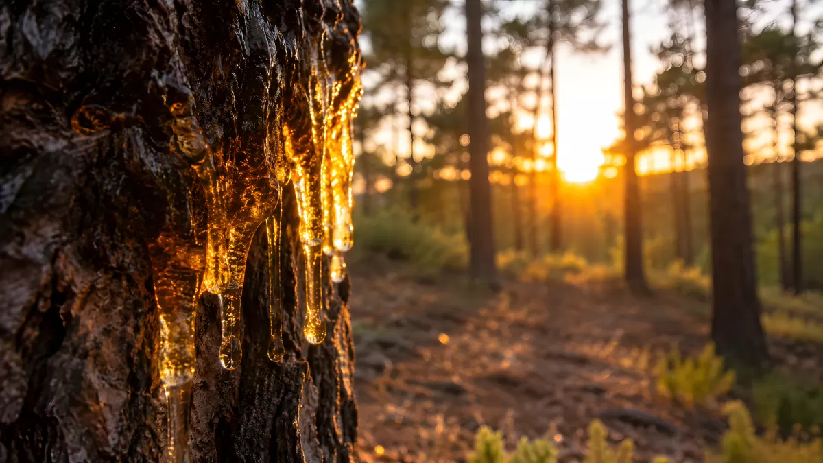 Goldenes Baumharz fließt im Abendlicht durch den Wald