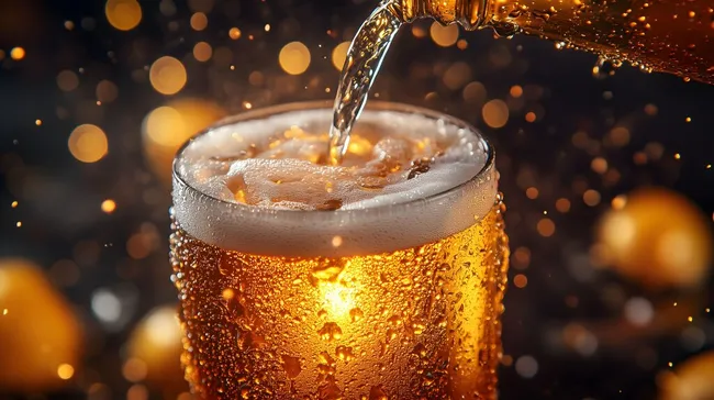 Goldenes Bier fließt in Glas mit Schaumkrone