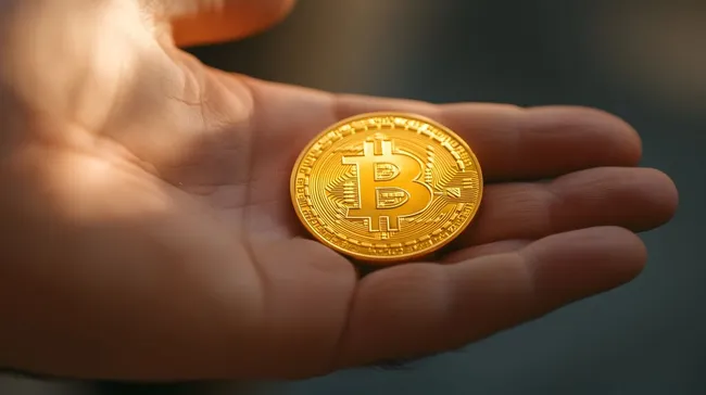 Goldenes Bitcoin-Symbol in Hand gehalten