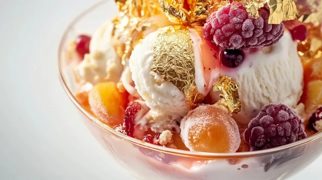 Goldenes Eisdessertin mit bunten Beeren