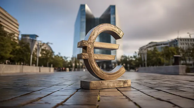 Goldenes Euro-Symbol vor moderner Glasfassade