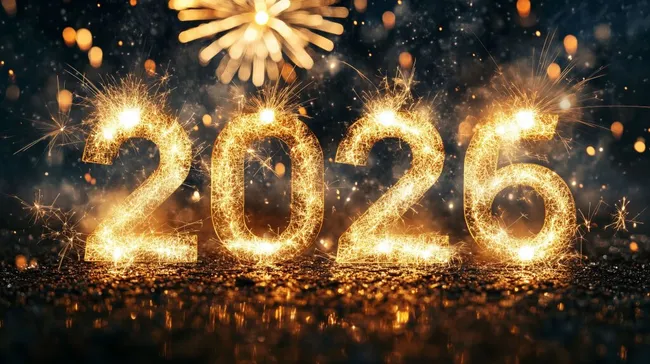 Goldenes Feuerwerk und Jahreszahl 2026 bei Nacht