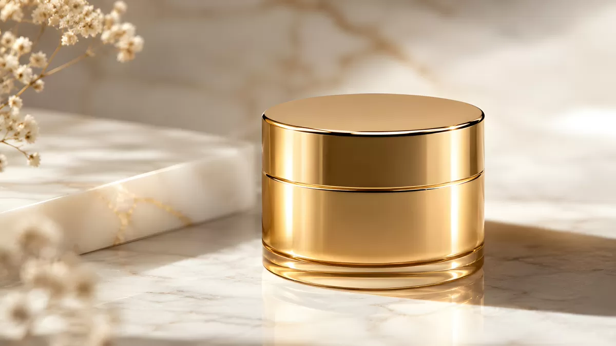 Goldenes Kosmetiktiegel auf weißem Marmor