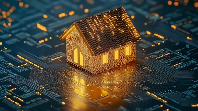 Goldenes Miniaturhaus auf Schaltkreis-Platine