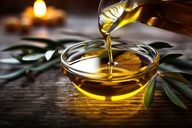Goldenes Olivenöl in Glasschale