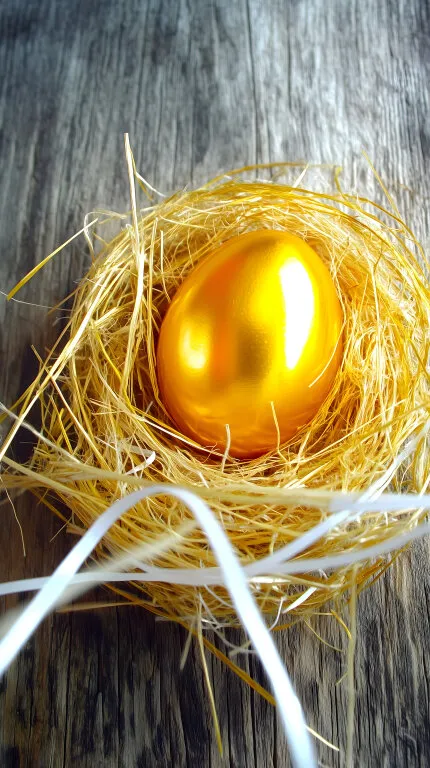 Goldenes Osterei im Strohnest auf Holzuntergrund