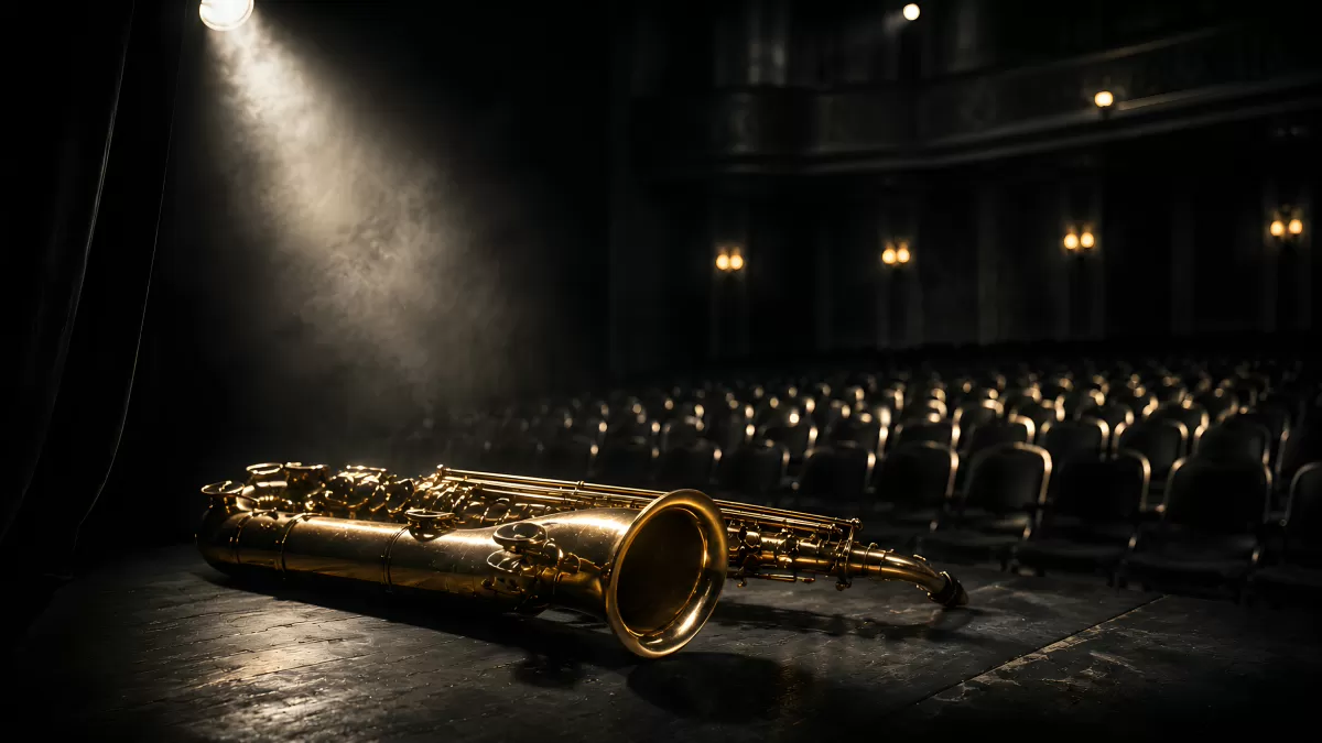 Goldenes Saxofon auf dunkler Theaterbühne im Scheinwerferlicht