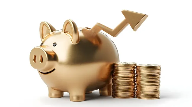 Goldenes Sparschwein mit Münzstapeln und Erfolgspfeil