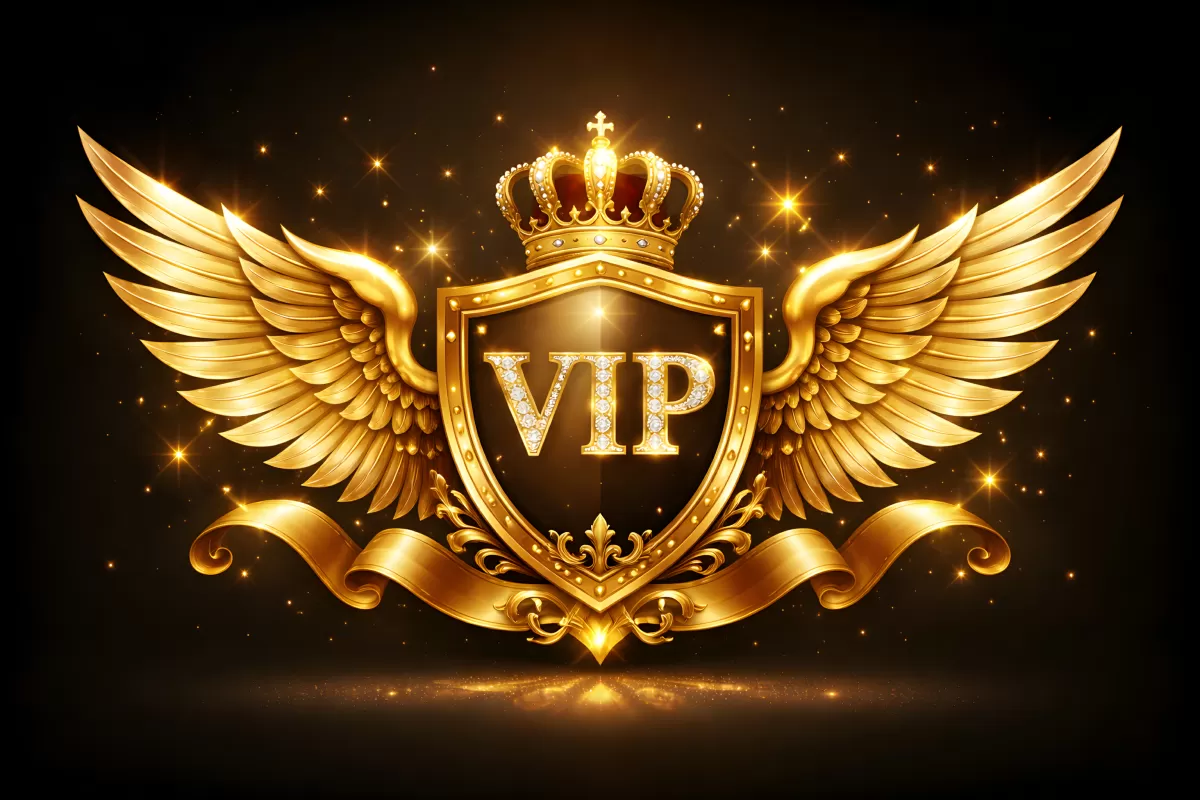 Goldenes VIP-Wappen mit Krone und Flügeln