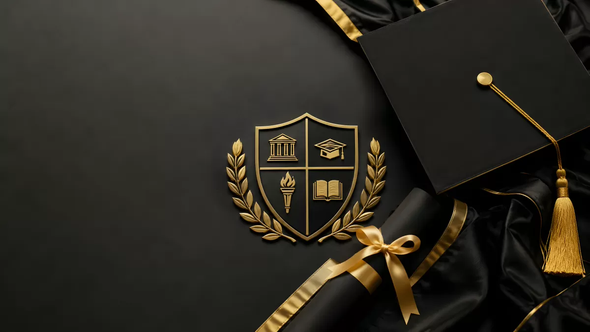 Goldenes Wappen mit Abschlusskappe und Diplom auf Schwarz
