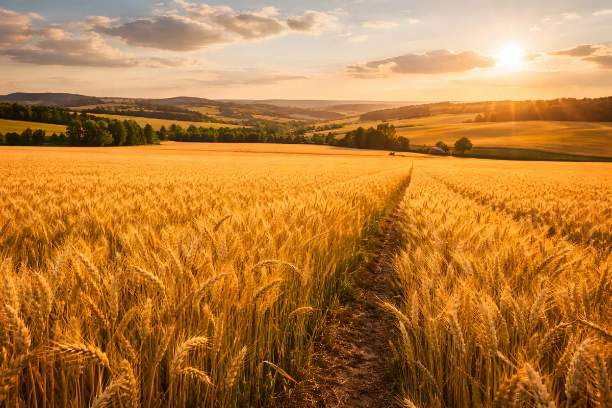 Goldenes Weizenfeld bei Sonnenuntergang im Sommer