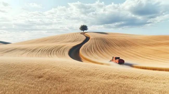 Goldenes Weizenfeld mit einsamer Erntemaschine