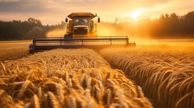 Goldenes Weizenfeld mit Mähdrescher bei Sonnenuntergang