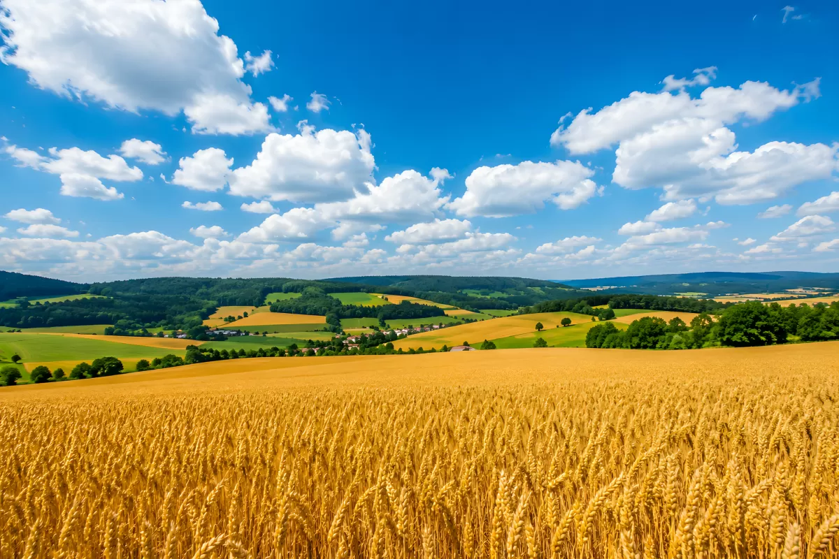 Goldenes Weizenfeld unter blauem Himmel