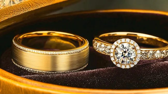 Goldfarbene Eheringe in edler Schmuckschatulle