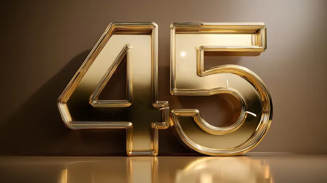 Goldfarbene, elegante 3D-Zahl 45 mit Glanzeffekt