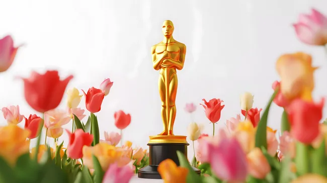 Goldfarbene Oscarstatuette inmitten bunter Tulpen