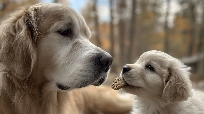 Goldfarbene Retriever-Welpen spielen im Herbstwald
