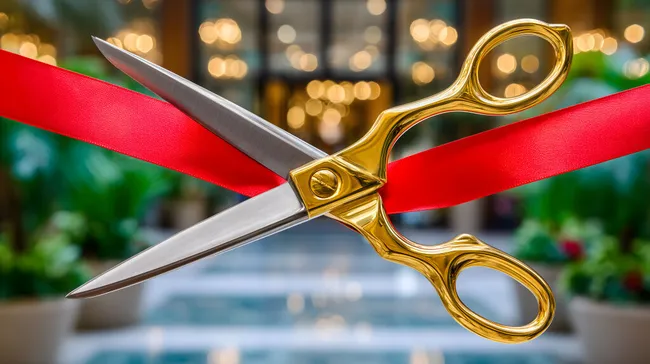 Goldfarbene Schere schneidet rotes Band bei Eröffnungszeremonie