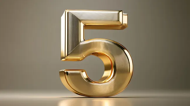 Goldfarbene Zahl 5 mit glatter Oberfläche