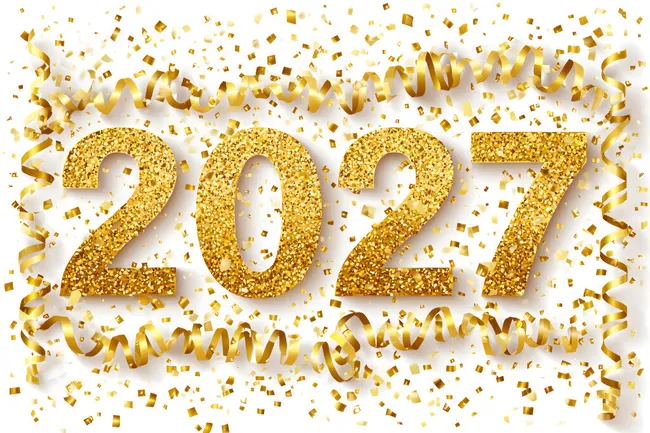 Goldfarbene Zahlen 2027 mit Konfetti