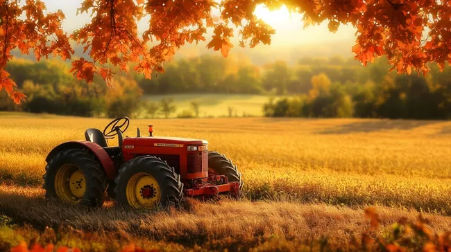 Goldfarbener Herbsttraktor in ländlicher Landschaft