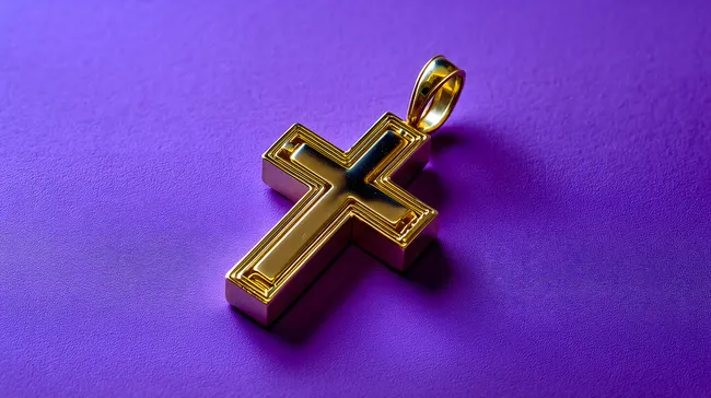 Goldfarbenes Kreuz vor lila Hintergrund