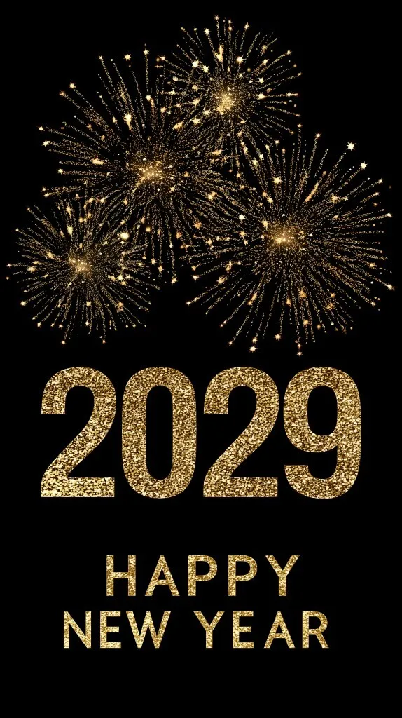 Goldfarbenes Neujahrs-Feuerwerk 2029 auf schwarzem Hintergrund