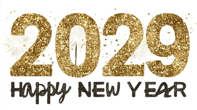 Goldfarbenes Neujahrslogo mit Feuerwerk