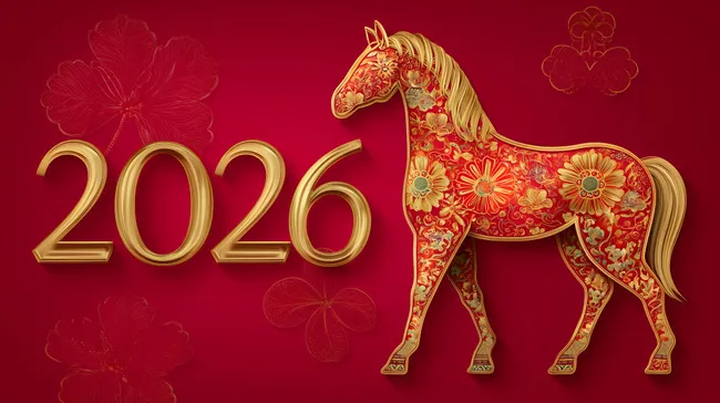 Goldfarbenes Pferd und traditionelle Muster zum chinesischen Neujahr