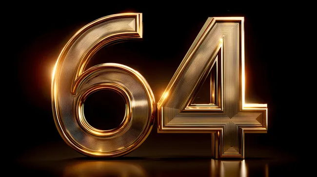 Goldfarbige 3D-Zahlen 64 auf schwarzem Hintergrund