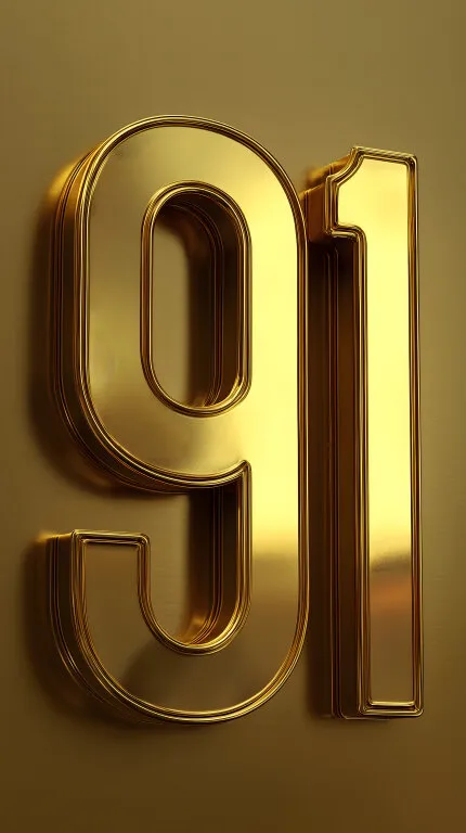 Goldfarbige, glänzende 91 auf Metallhintergrund