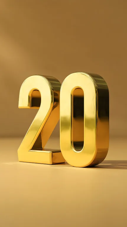 Goldfarbige Jubiläumszahl 20 auf einfarbenem Hintergrund