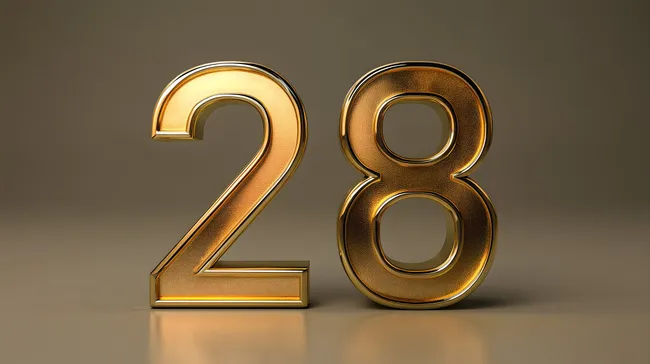 Goldfarbige Zahl 28 auf neutralem Hintergrund
