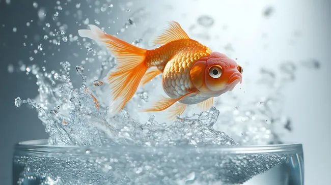 Goldfisch beim dynamischen Sprung aus Wasserglas