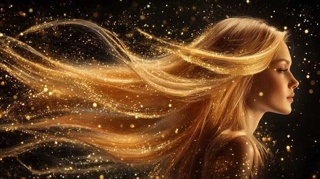 Goldfunkelnde Frau mit wallenden Haaren