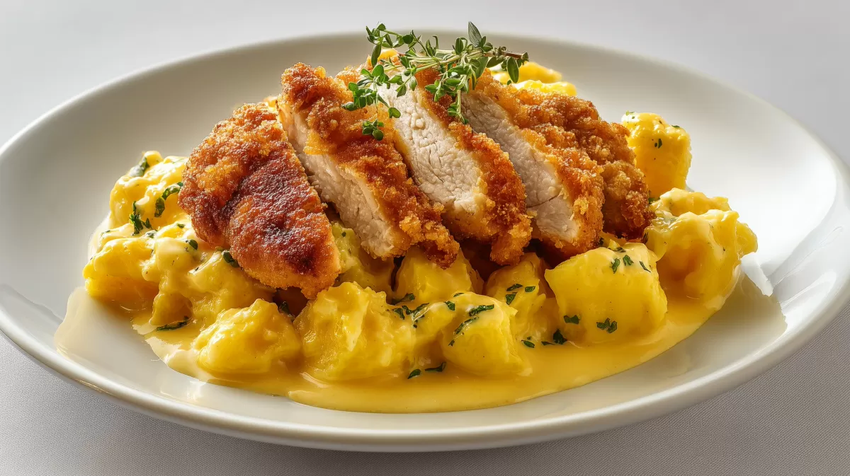 Goldgebackenes Backhendl mit Kartoffelauflauf