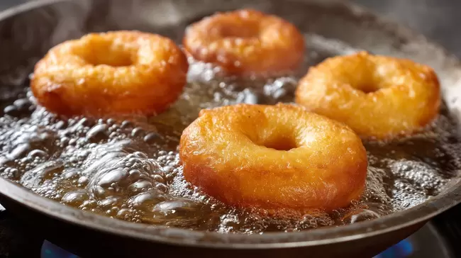Goldgelbe fritierte Donuts auf Pfanne