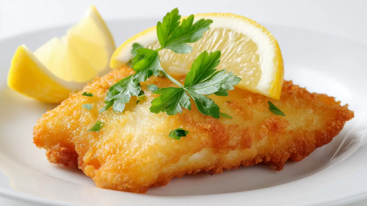 Goldgelber Backfisch vom Seelachs mit Zitrone