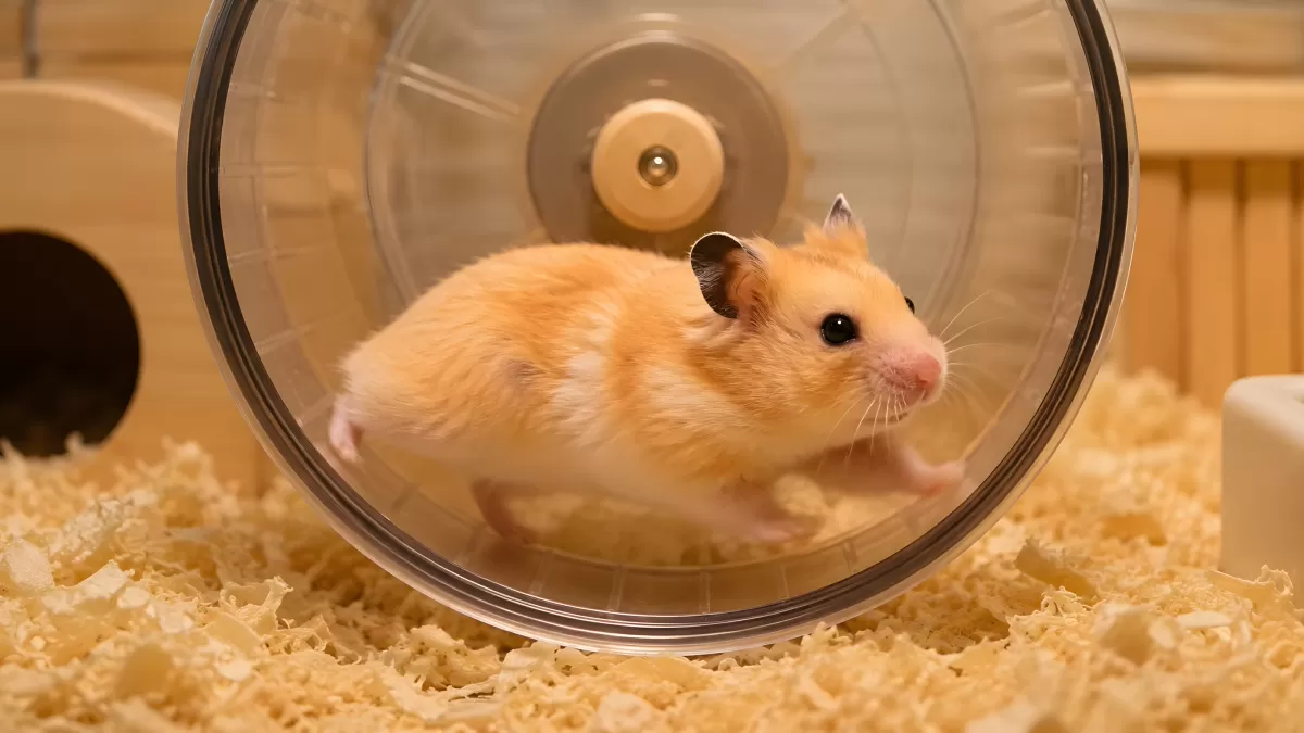Goldhamster läuft auf transparentem Laufrad im Käfig