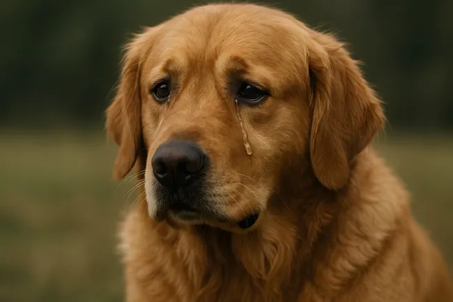 Goldhund weint: Trauriger Blick mit Träne im Auge