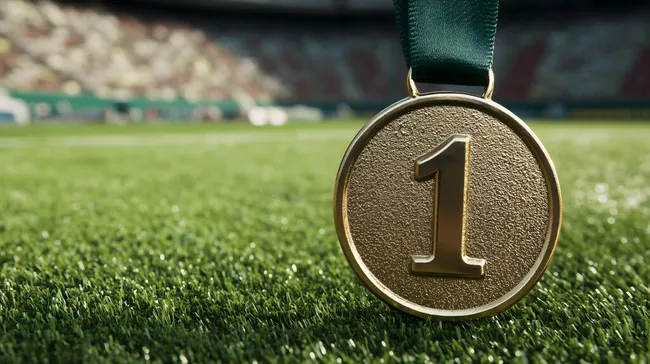 Goldmedaille mit der Nummer Eins auf Rasen im Stadion