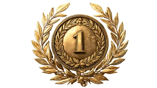 Goldmedaille mit Lorbeerkranz und der Zahl 1