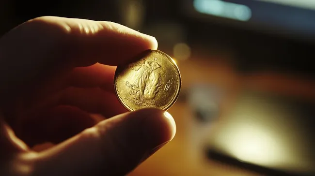 Goldmünze in Hand vor unscharfem Hintergrund