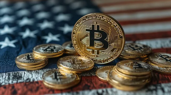 Goldmünzen Bitcoin vor US-Flagge